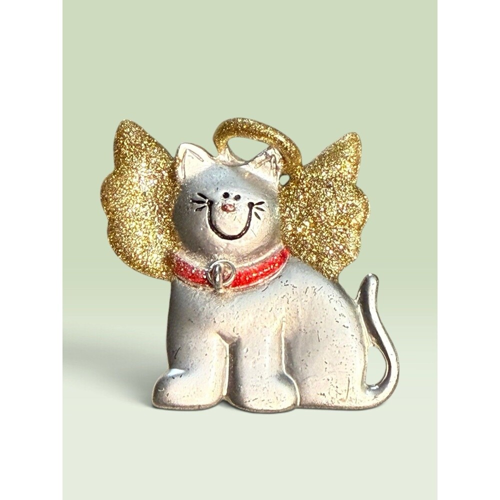 Vintage AJMC Purrfect Angel Cat Brooch Pin Gold Glitter Wings Red Collar